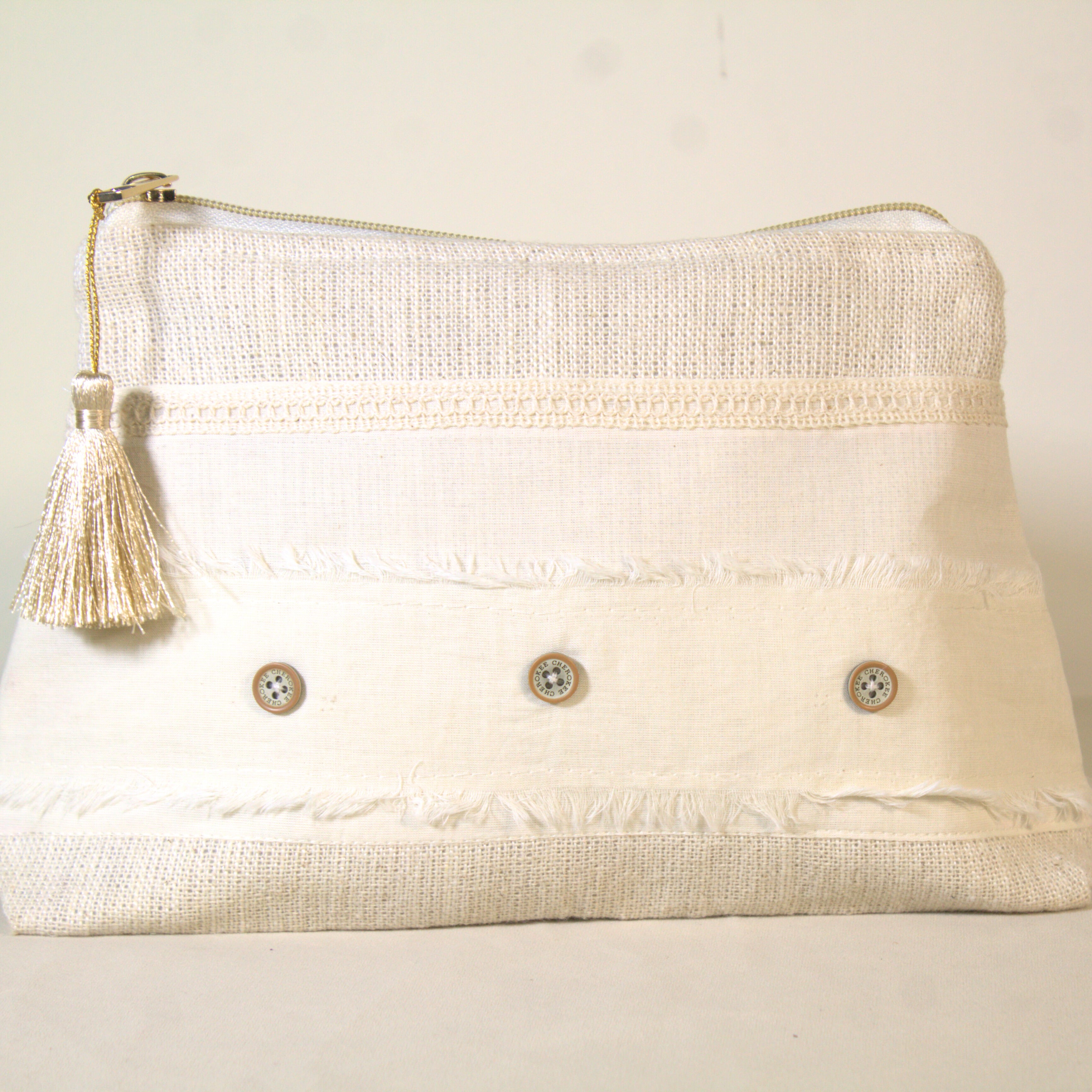 Ivory Fringe Linen Makeup Pouch – Rustic Elegance