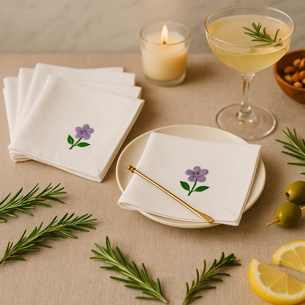 Flora Sips – 4 Embroidered Cotton Cocktail Napkins